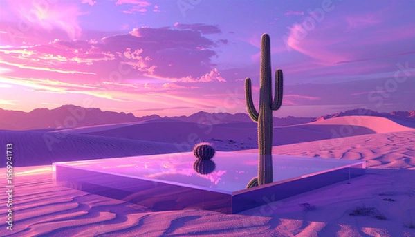 Fototapeta A lone cactus growing on a glass platform in a futuristic desert with mirrored sand dunes and a glowing violet sky, never-before-seen natural concept, shot with cinematic depth of field.