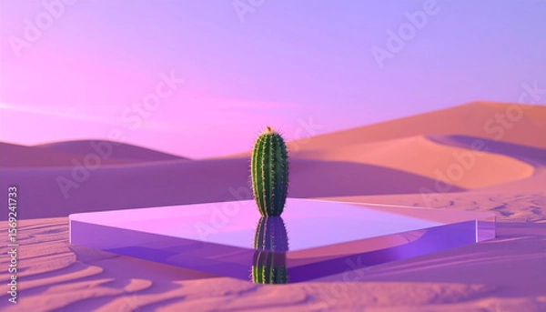 Fototapeta Unseen lone cactus growing on a glass platform in a futuristic desert with mirrored sand dunes and a glowing violet sky, never-before-seen natural concept, shot with cinematic depth of field.