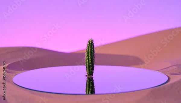 Fototapeta Unseen lone cactus growing on a glass platform in a futuristic desert with mirrored sand dunes and a glowing violet sky, never-before-seen natural concept, shot with cinematic depth of field.