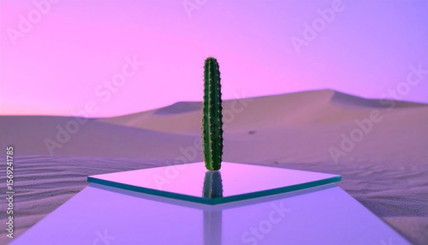 Fototapeta A lone cactus growing on a glass platform in a futuristic desert with mirrored sand dunes and a glowing violet sky, never-before-seen natural concept, shot with cinematic depth of field.