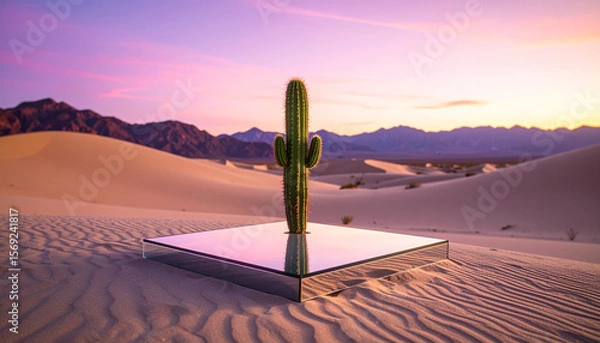Fototapeta Unseen lone cactus growing on a glass platform in a futuristic desert with mirrored sand dunes and a glowing violet sky, never-before-seen natural concept, shot with cinematic depth of field.
