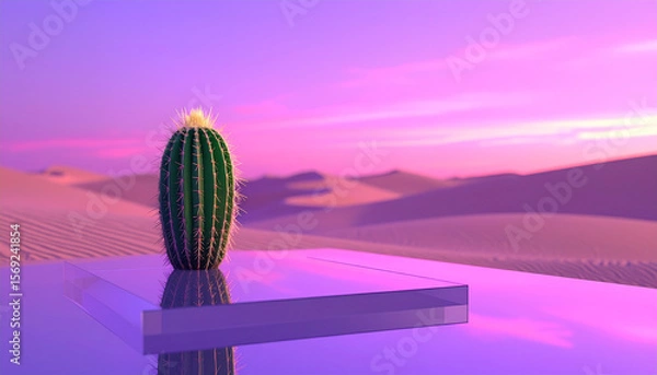 Fototapeta Unseen lone cactus growing on a glass platform in a futuristic desert with mirrored sand dunes and a glowing violet sky, never-before-seen natural concept, shot with cinematic depth of field.
