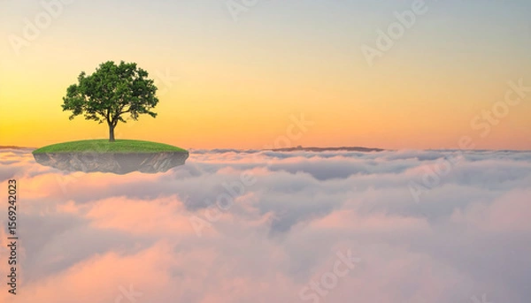 Fototapeta A single tree standing on a floating island above clouds during golden hour, light fog, surreal composition, concept of isolation and beauty, ideal for commercial use, unique nature scenery.