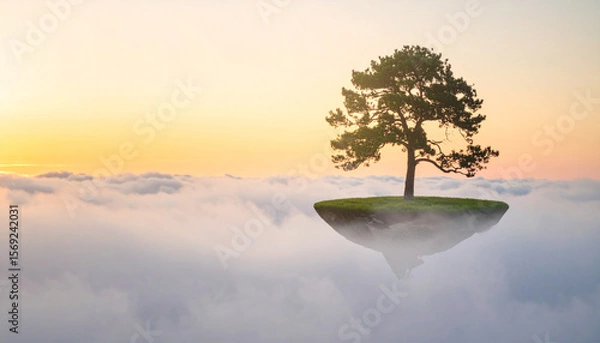 Fototapeta A single tree standing on a floating island above clouds during golden hour, light fog, surreal composition, concept of isolation and beauty, ideal for commercial use, unique nature scenery.