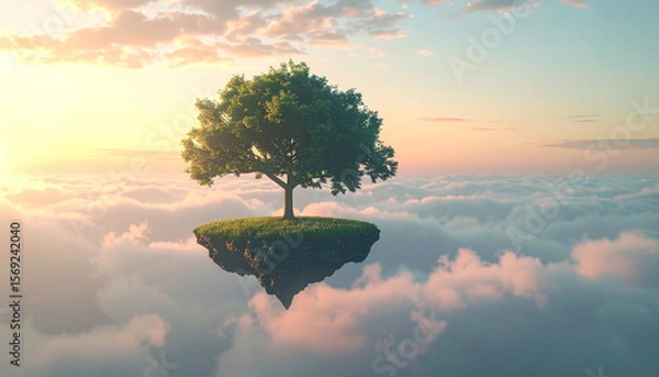 Fototapeta A single tree standing on a floating island above clouds during golden hour, light fog, surreal composition, concept of isolation and beauty, ideal for commercial use, unique nature scenery.