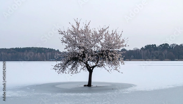 Fototapeta A blooming cherry blossom tree in the middle of a frozen lake, soft lighting, blending spring and winter, never-seen-on-stock photo, ideal for book covers and posters.