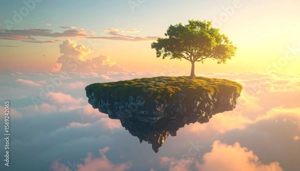 Fototapeta A single tree standing on a floating island above clouds during golden hour, light fog, surreal composition, concept of isolation and beauty, ideal for commercial use, unique nature scenery.