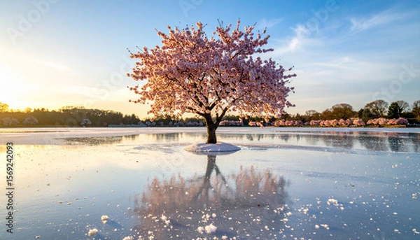Fototapeta A blooming cherry blossom tree in the middle of a frozen lake, soft lighting, blending spring and winter, never-seen-on-stock photo, ideal for book covers and posters.