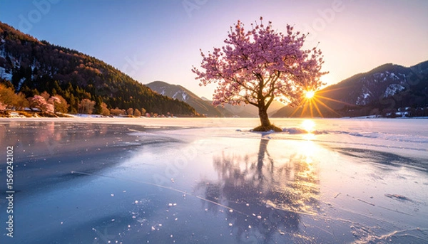 Fototapeta A blooming cherry blossom tree in the middle of a frozen lake, soft lighting, blending spring and winter, never-seen-on-stock photo, ideal for book covers and posters.