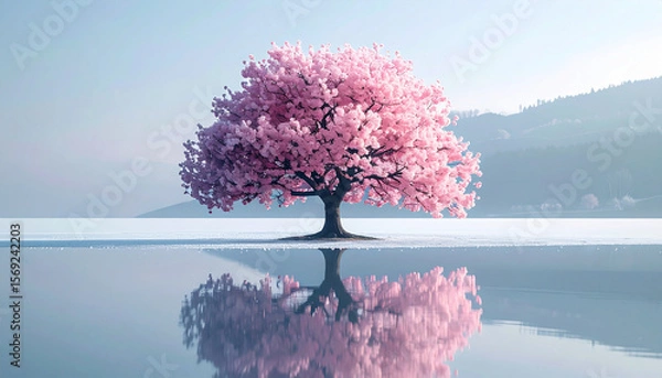 Fototapeta A blooming cherry blossom tree in the middle of a frozen lake, soft lighting, blending spring and winter, never-seen-on-stock photo, ideal for book covers and posters.