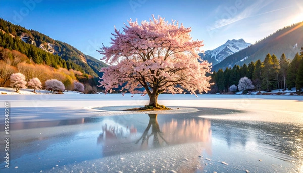 Fototapeta A blooming cherry blossom tree in the middle of a frozen lake, soft lighting, blending spring and winter, never-seen-on-stock photo, ideal for book covers and posters.