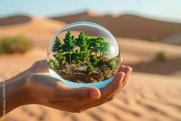 Fototapeta Environmental concept. A concept of a miniature forest growing inside a glass sphere held by human hands in a desert, nature elements, ad-ready, highly original, stock-approved composition.