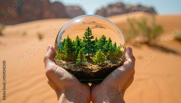 Fototapeta A concept of a miniature forest growing inside a glass sphere held by human hands in a desert, environmental message, nature elements, ad-ready, highly original, stock-approved composition.