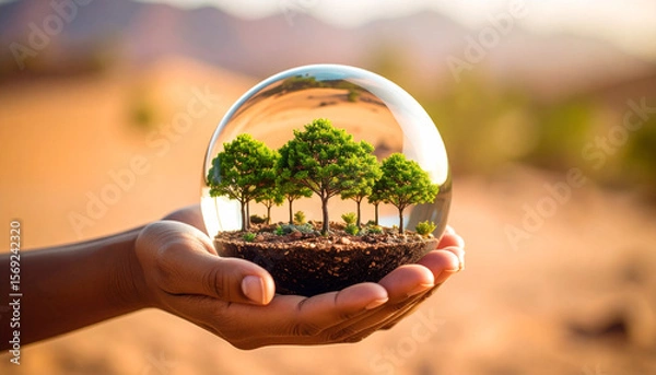 Fototapeta A concept of a miniature forest growing inside a glass sphere held by human hands in a desert, environmental message, nature elements, ad-ready, highly original, stock-approved composition.