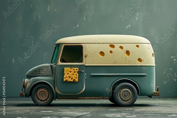 Fototapeta Vintage delivery van transporting cheese, featuring cheese shaped holes, parked against a textured wall
