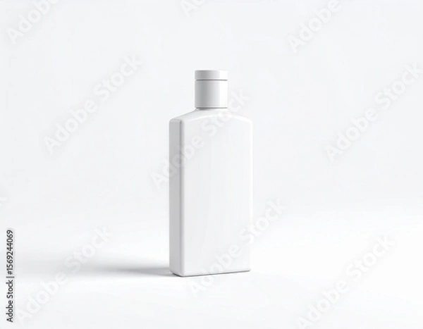 Fototapeta A clean, white, rectangular bottle with a simple cap stands on a white background.