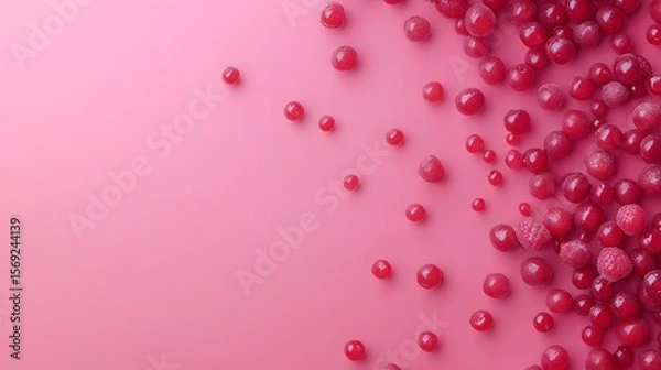 Fototapeta 3D render of red gumballs scattered across a pink background, creating a playful, textural composition.