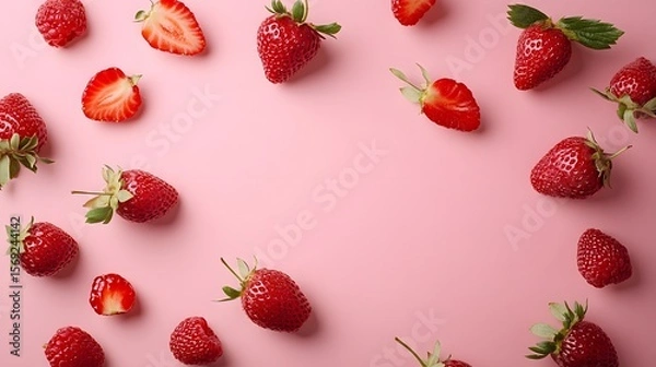 Fototapeta Photograph of fresh strawberries arranged on a pink background, showcasing their vibrant red color.