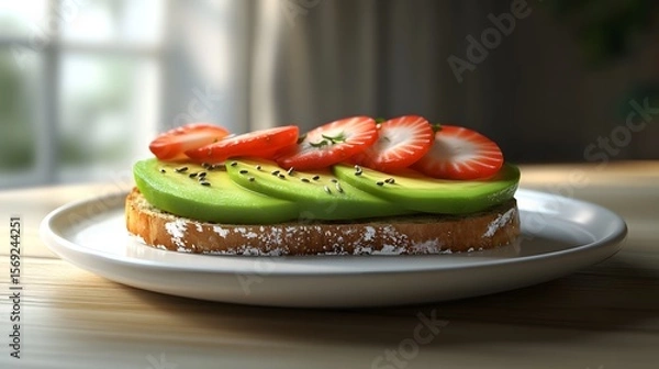 Fototapeta Photograph of avocado toast with sliced strawberries and black sesame seeds on a white plate.