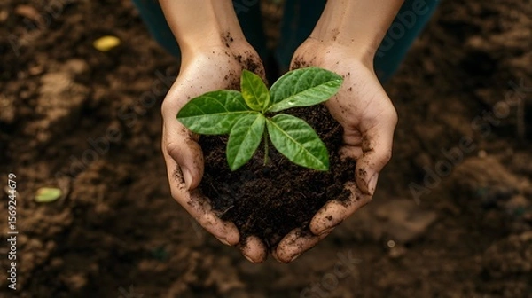 Fototapeta Photograph of hands cradling a small plant seedling in dark soil.