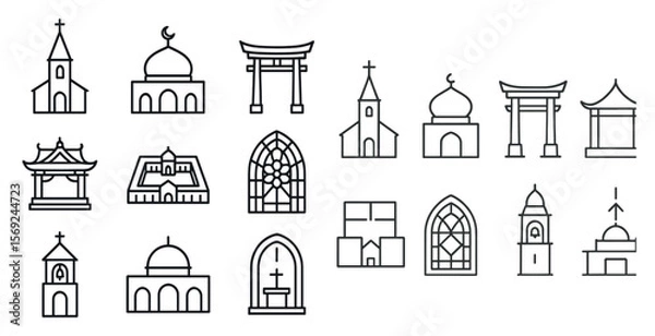 Fototapeta Collection of religious buildings including churches, mosques, and synagogues. The buildings are all drawn in a simple, stylized way