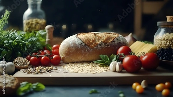 Fototapeta Rustic photograph showcases a loaf of bread with fresh herbs, tomatoes, grains, and cheese on a wooden board.