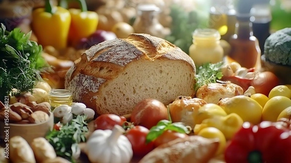 Fototapeta Photograph of a rustic still life showcasing fresh produce, bread, and herbs arranged on a wooden surface.