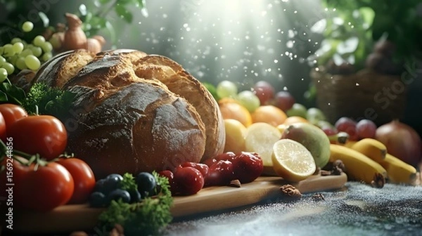 Fototapeta Digital illustration of rustic still life featuring a loaf of bread surrounded by fresh fruits and vegetables on a...