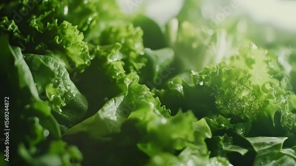 Fototapeta Photograph of fresh lettuce leaves, close-up, showcasing textured folds and moisture droplets.