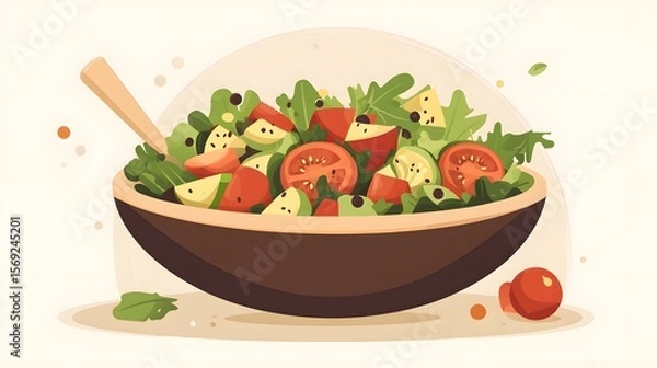 Fototapeta Digital illustration of a wooden bowl filled with a fresh garden salad featuring tomatoes, cucumbers, and olives.