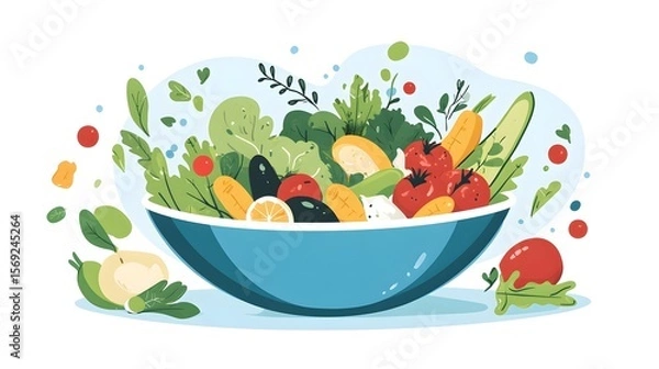 Fototapeta Digital illustration showcases a vibrant bowl filled with fresh fruits and vegetables, presented in a playful style.