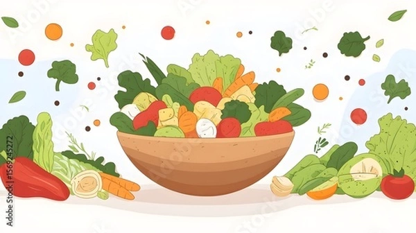 Fototapeta Digital illustration of a rustic wooden bowl overflowing with fresh, colorful vegetables and scattered leaves.
