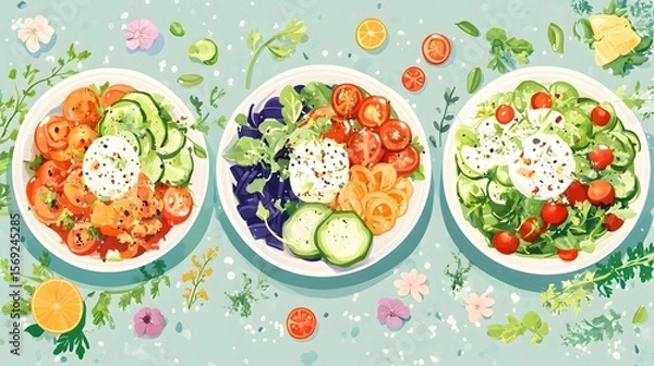 Fototapeta Digital illustration of three salads with tomatoes, cucumbers, herbs, and feta cheese on a light blue background.