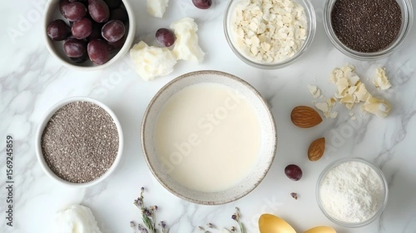 Fototapeta Photograph of white marble surface with various ingredients: chia seeds, coconut, almonds, yogurt, and lavender.