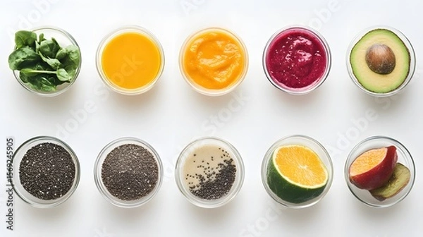 Fototapeta Photograph of six clear plastic cups containing various smoothies and juices on a white background.