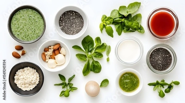 Fototapeta Photograph of a flat lay arrangement featuring various healthy ingredients and herbs on a white background.