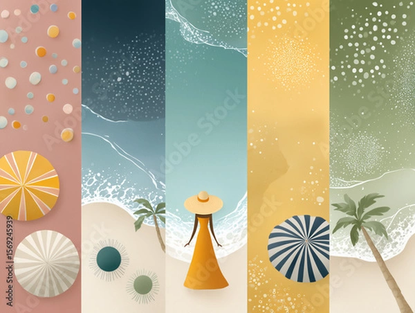 Fototapeta Serene Beach Moodboard: Vertical Pastel Strips of Sand, Sea and Tropical Elements
