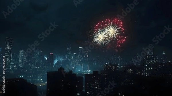 Fototapeta Photograph of fireworks exploding over a cityscape at night.