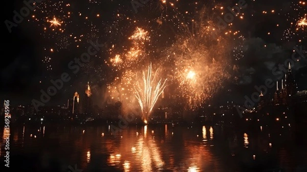 Fototapeta Photograph of fireworks illuminating a dark cityscape reflected in a calm waterway.