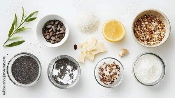 Fototapeta Photograph of diverse ingredients arranged on a white surface, showcasing oats, sugar, chocolate, poppy seeds, and...