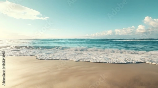 Fototapeta Photograph of turquoise ocean waves gently rolling onto a sandy beach under a bright, sunny sky.