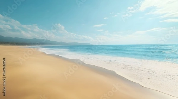 Fototapeta Photograph of a tranquil beach scene featuring a sandy shore, turquoise ocean, and cloudy sky.