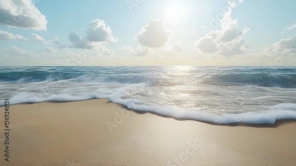 Fototapeta Digital illustration of a tranquil beach scene with gentle waves and bright sunlight.