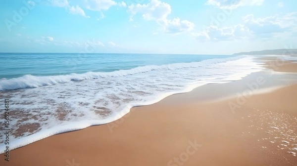 Fototapeta Photograph of a sandy beach with turquoise waves and bright white clouds in a clear blue sky.