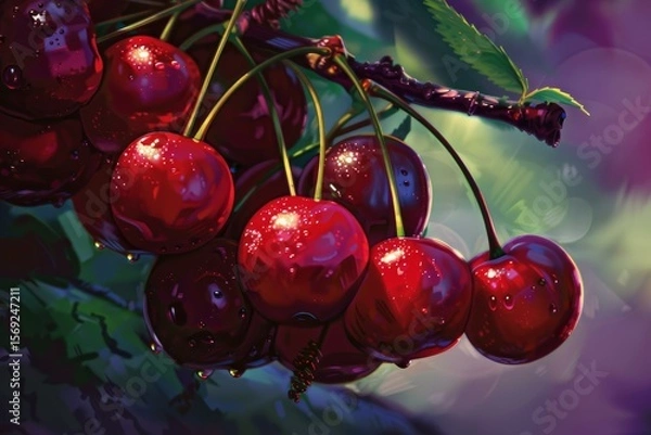 Fototapeta Close up of juicy red cherries glistening with water droplets, hanging from a branch in an orchard, showcasing the beauty of nature's bounty