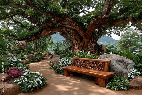 Fototapeta Banyan tree shade with wooden seating high resolution picture