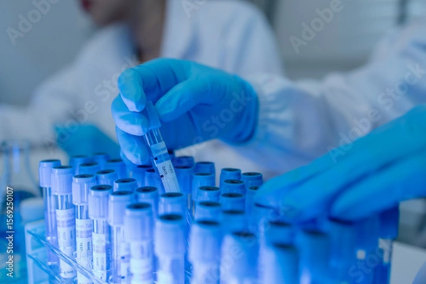 Obraz a female chemist is testing various liquid compounds in a lab, a scientist is doing research on the development, she wears a lab coat when she works in laboratory, test tube, scientific equipment