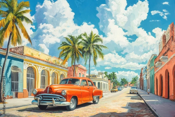 Fototapeta Vintage Cuban street life with retro cars and colorful buildings under a bright blue sky