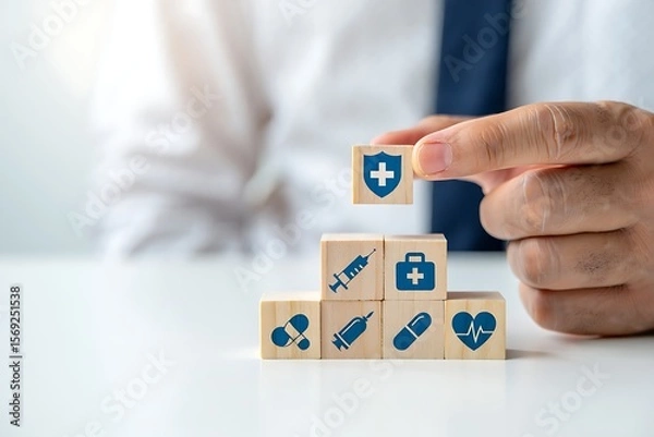 Fototapeta A person s hand places a wooden block with a shield and cross symbol on top of a pyramid of blocks featuring medical icons representing healthcare and protection
