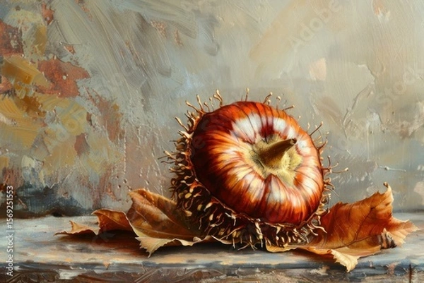 Fototapeta Painting of a sweet chestnut burr resting on dry autumn leaves on a wooden surface, with a textured background